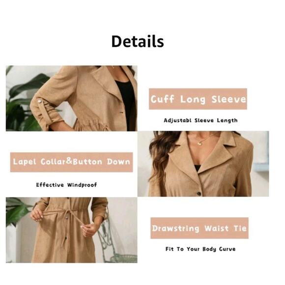 Long-sleeved trench coat with cuffs, lapel coat with drawstring waist - Picture 12 of 12